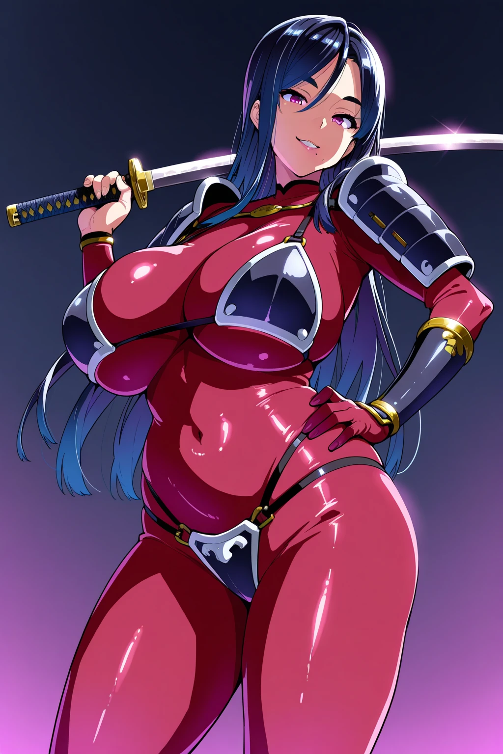 A beautiful devil woman, wearing a light black armor, alone, mature, jet black hair, colored skin, Red skin, big breast, Demon horns, succubus tail, yellow eyes, long hair, pointed ears, freckles all over the body, black lips,Standing with arms wide open, in a forest, , anime screencapture ,masterpiece, The best quality, super detailed
