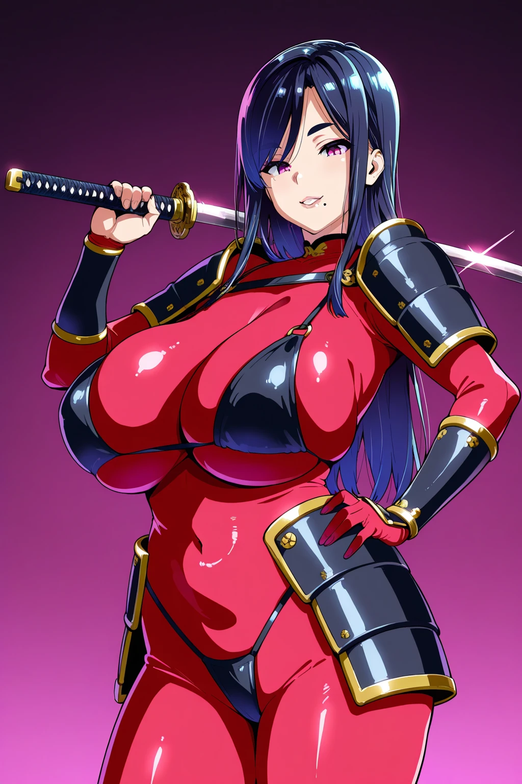 masterpiece, top quality, best quality, official art, beautiful and aesthetic:1.2), (1girl:1.3), dark brown hair in a topknot, extremely detailed, portrait, looking at viewer, solo, (full body:0.6), detailed background, close up, (warm summer nighttime Feudal Japan theme:1.1), ninja, charlatan, mysterious, sneaking in a garden, black mask, black head covering, revealing ninja attire, black ninja tunic, assassin, black wrappings, katana, kusari-gama, metal, black leather, breeches, leggings, loose pants, bracers, armor, gauntlets, ninja shoes, buckles, straps, ((((gigantic breasts, cleavage, skindentation)))), slim waist, slim hips, long legs, moonlight, Feudal Japan (Japanese garden exterior:1.1) background, dark mysterious lighting, shadows, magical atmosphere, dutch angle,