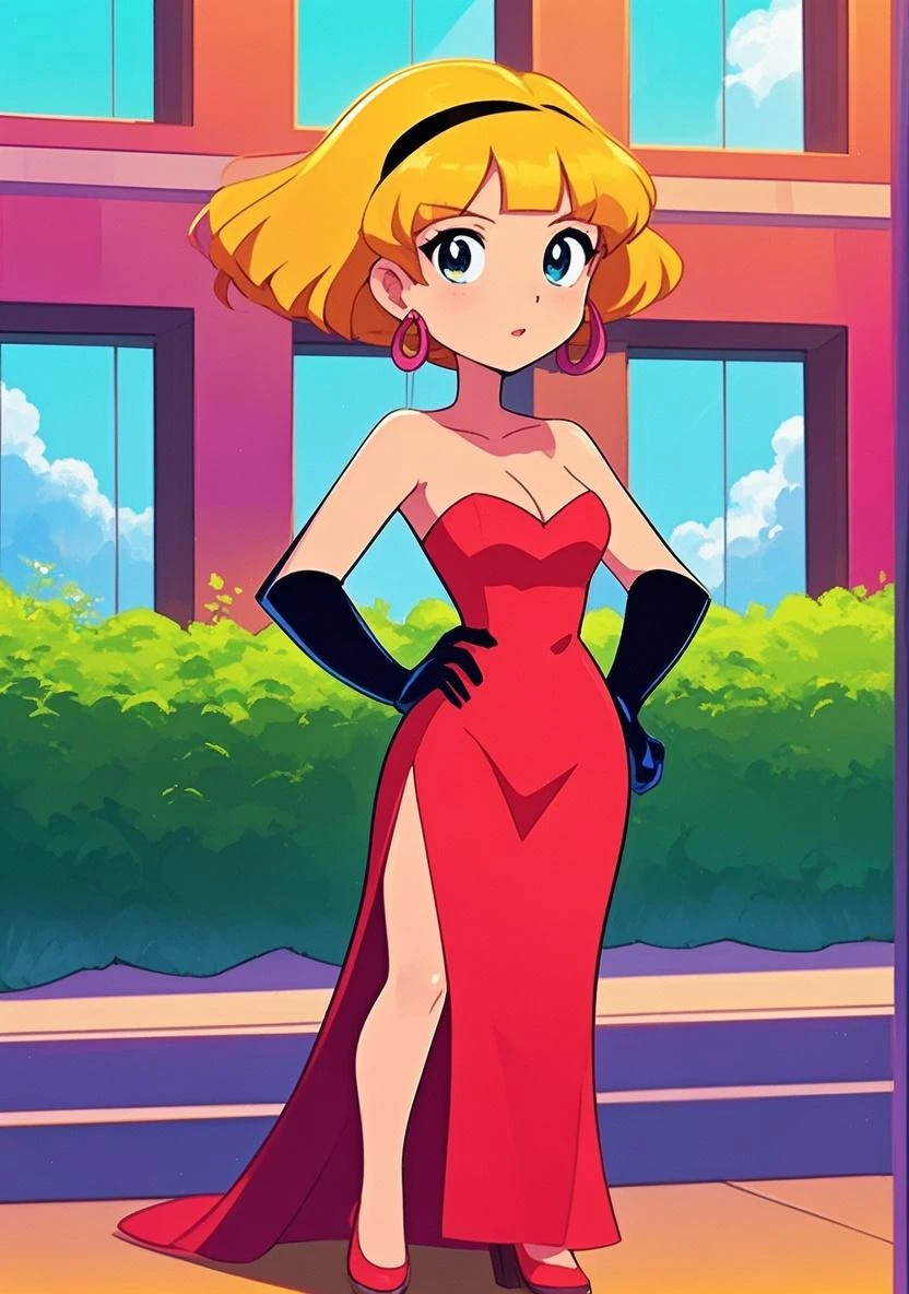 Generate an illustration of a mature Roll, gym leader of megaman , (red dress), hd, black top, white bib, holding  all,  de terno preto, long blonde hair, long ponytail, hair bangs, fringes, shiny hair, (gigantic breasts:1.4), outfit in anime format with a serious style, boots, make up, masterpiece, dark lighting, black background, puffy lips,(slendered abeautiful face,