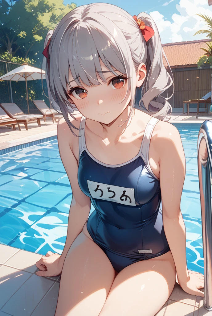 「Cute neighbor Aarya blushing in embarrassment、Face close-up、Long silver hair、Blue eyes、((Wear a small red ribbon on the right side of your head))、School swimsuit、Redness on the cheeks、A shy smile、Soft pastel colors、Soft lighting、high quality、Typical Russian apartment detailed background」Being in an indoor swimming pool、Overall view、Big Breastasterpiece、high quality、sketch.Ahoge