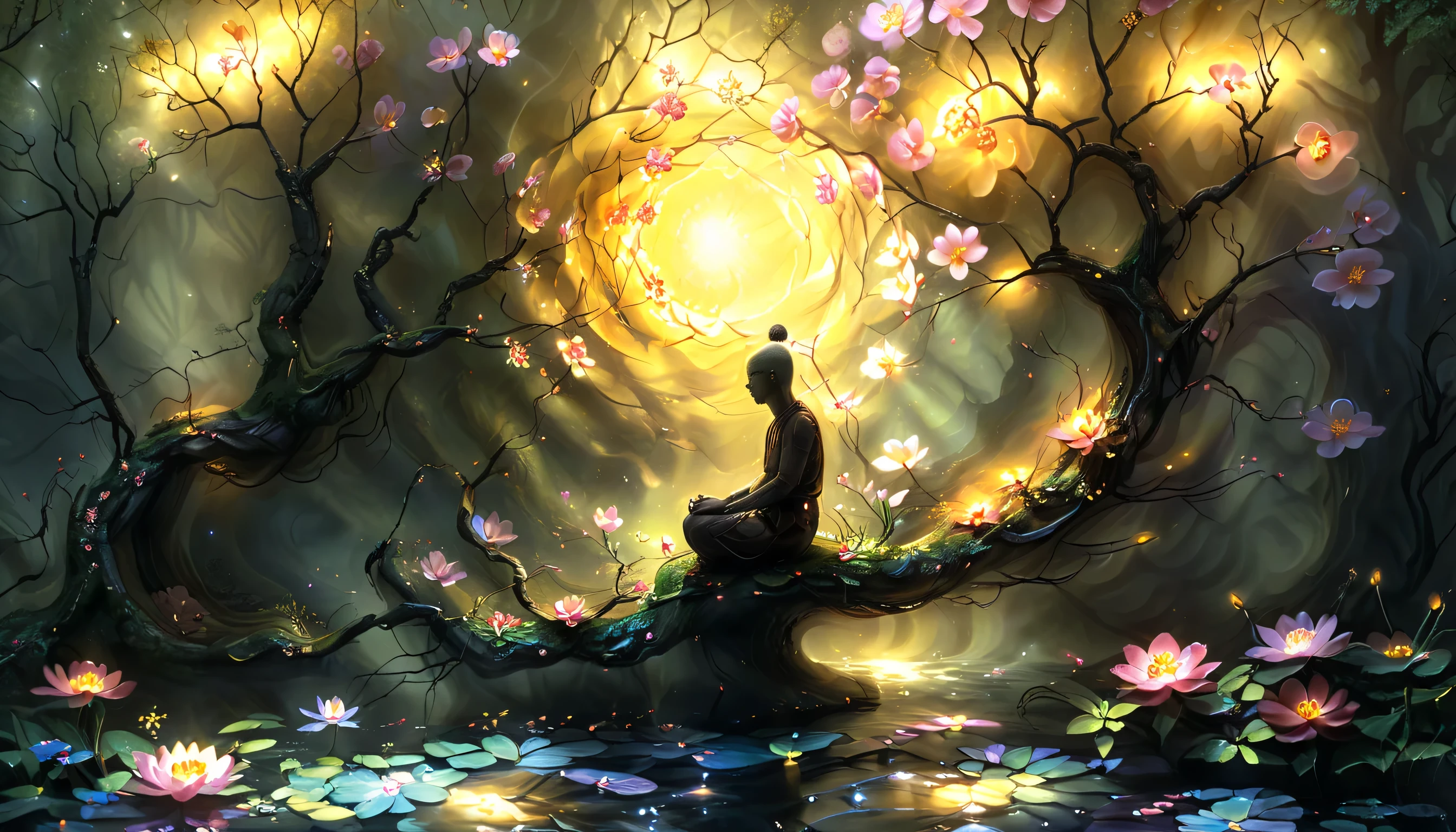 Artme, a painting of a single sitting and meditating tibetan monk in the middle of a forest with flowers and a stream running through it, golden light, fantasy art, kinkade, Christophe Vacher,