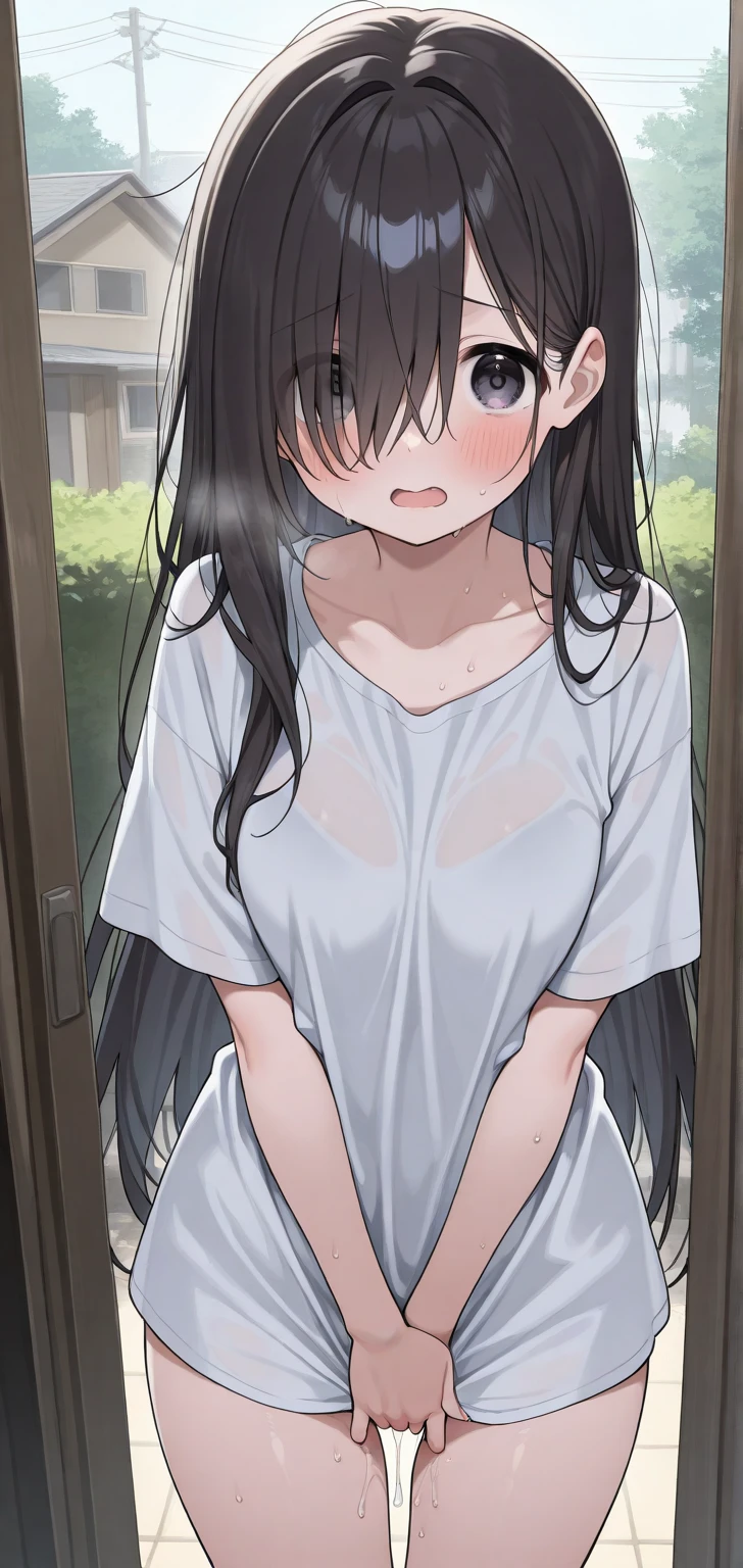 1girl, nsfw, (Expressive eyes), (Perfect Face), skirtliftfront, (((((pussy juice trail))))), ((cute)), Drooping eyes, ((Baby Face)), ((((female child)))), (((9 years old))), , ((Flat Chest)), White skin, gleaming skin, Yellow eyes, (((tears))), ((((Embarrassing)))), (Nipples), (very long hair), dark brown Hair, (no panties), (see-through white camisole), miniskirt, metal collar, ((Sweat)), steam, ((Shadow of the city)), detail perfect piece, ((From below)), 16k, (Best quality)