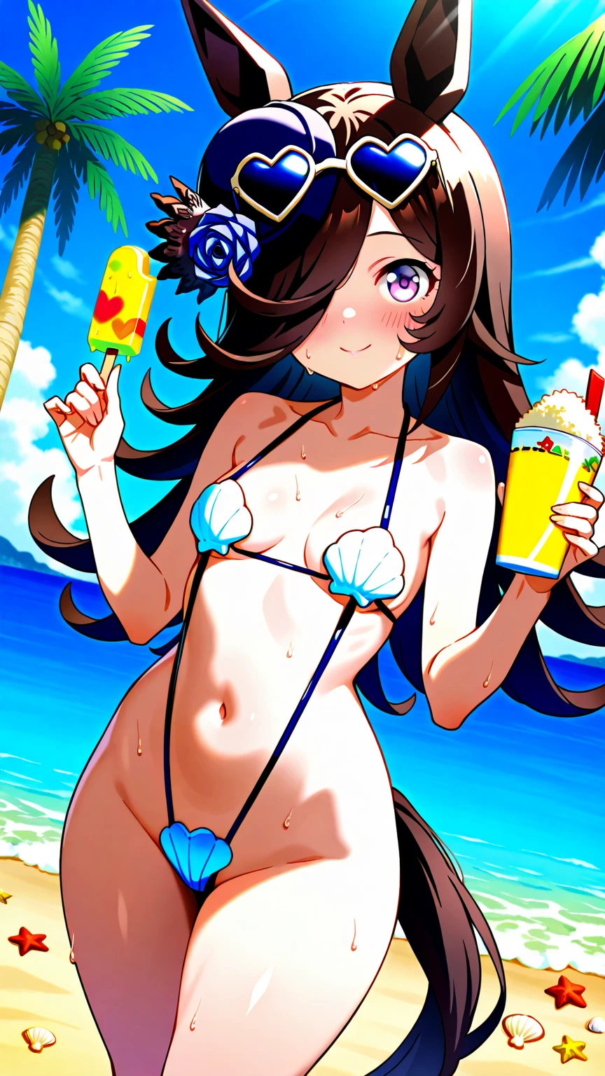 high-leg swimsuit、Navel out、arms raised above head、C Cup、tongue-out、Toro Face、Eyes are hearts