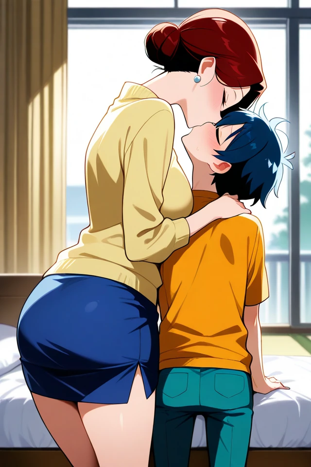 score_7_up, source_anime, best quality, 1girl, nami, one piece nami, orange hair, short hair, large breasts, 1boy, Shota, black hair, faceless male, from side, kissing, hug, relationship, tongue out, T-shirt, short pants