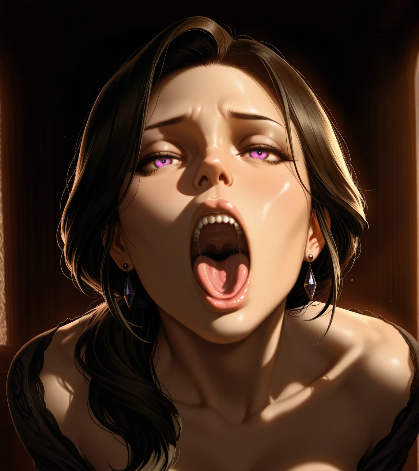 Young Enchantress Yennefer from The Witcher with black hair, With a rude look ,purple eyes,naked, black choker around the neck, holding on to two big black dicks while licking one of them,black hairy man, Oral sex, rolls his eyes, cum on dick, located in a night alley between the quarters of Novigrad