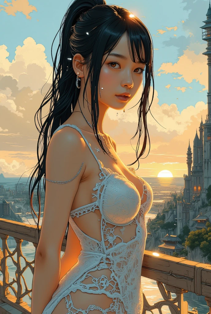 ((aeolian)), 1 girl, ((peeing)), beautiful face, Princess, wearing fully see through blue dress, full body view, very long black hair in a single braid, no underwear, slim body, long legs, shiny skin, fantasy city landscape