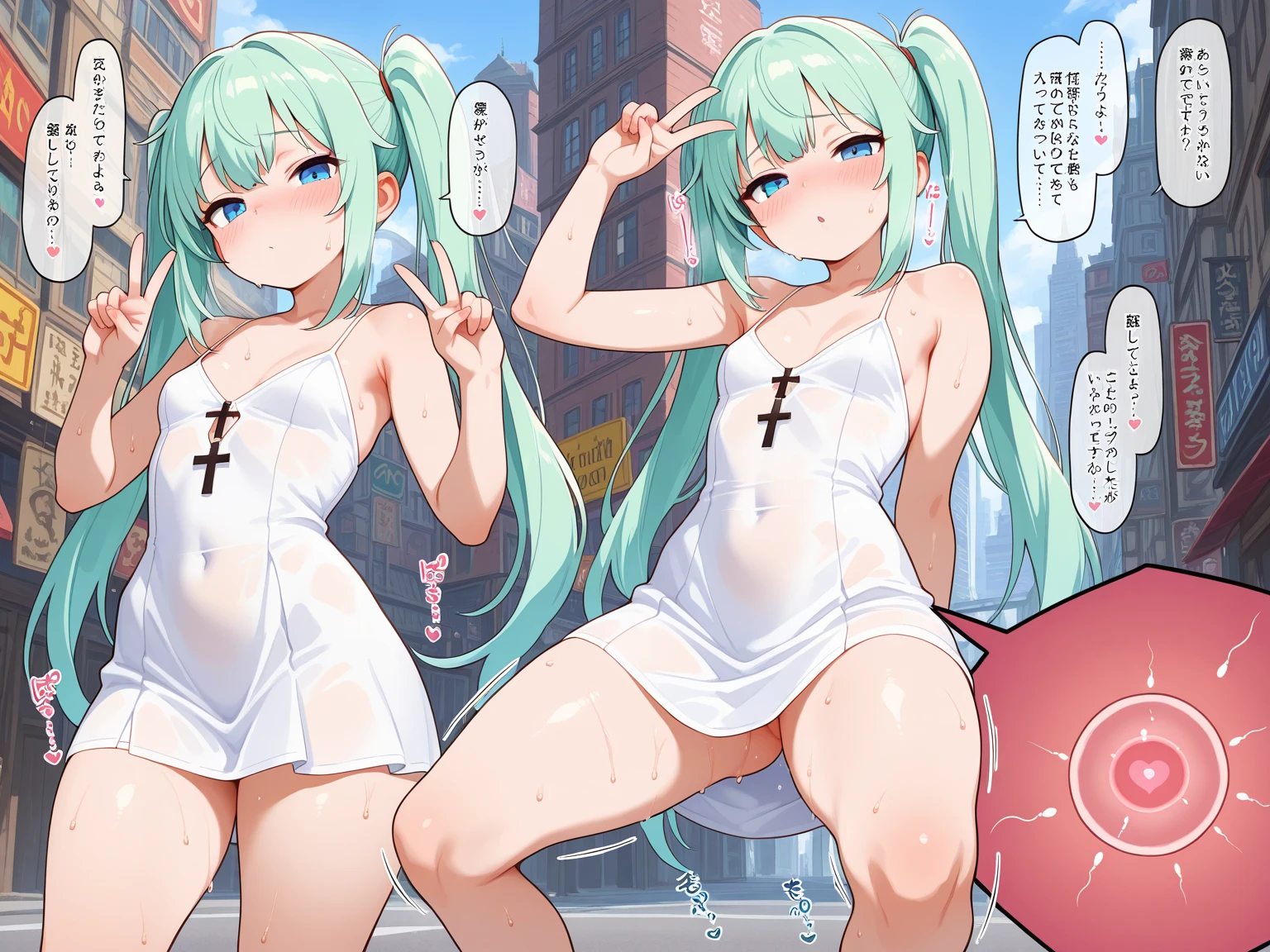 nsfw, 2 girls, topless, panties ,Blonde and silver haired twins, Twin tails, amusement park, coat over naked, From below