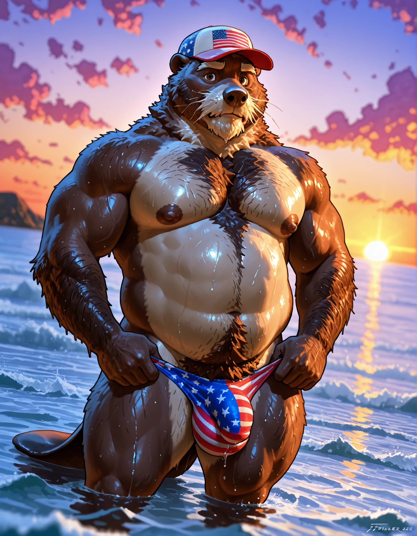 by Anhes, by Taran Fiddler, Beaver, dark brown fur, male, anthro, mature male, elderly male, bushy eyebrows, face wrinkles, jowls, body hair, hairy arms, scruffy gray facial hair, big nipples, overweight, fat, chubby, wide hips, thick thighs, big bulge, detailed penis bulge, gray pubic hair, wet fur, dripping water, standing in ocean, standing in water, waves, outside, American flag underwear, speedo, trucker hat, wide beaver tail, wet tail, shy expression, looking at viewer, dynamic angle, dynamic lighting, golden hour, depth of field, cinematic, sunset, colorful clouds, indistinct furry background characters