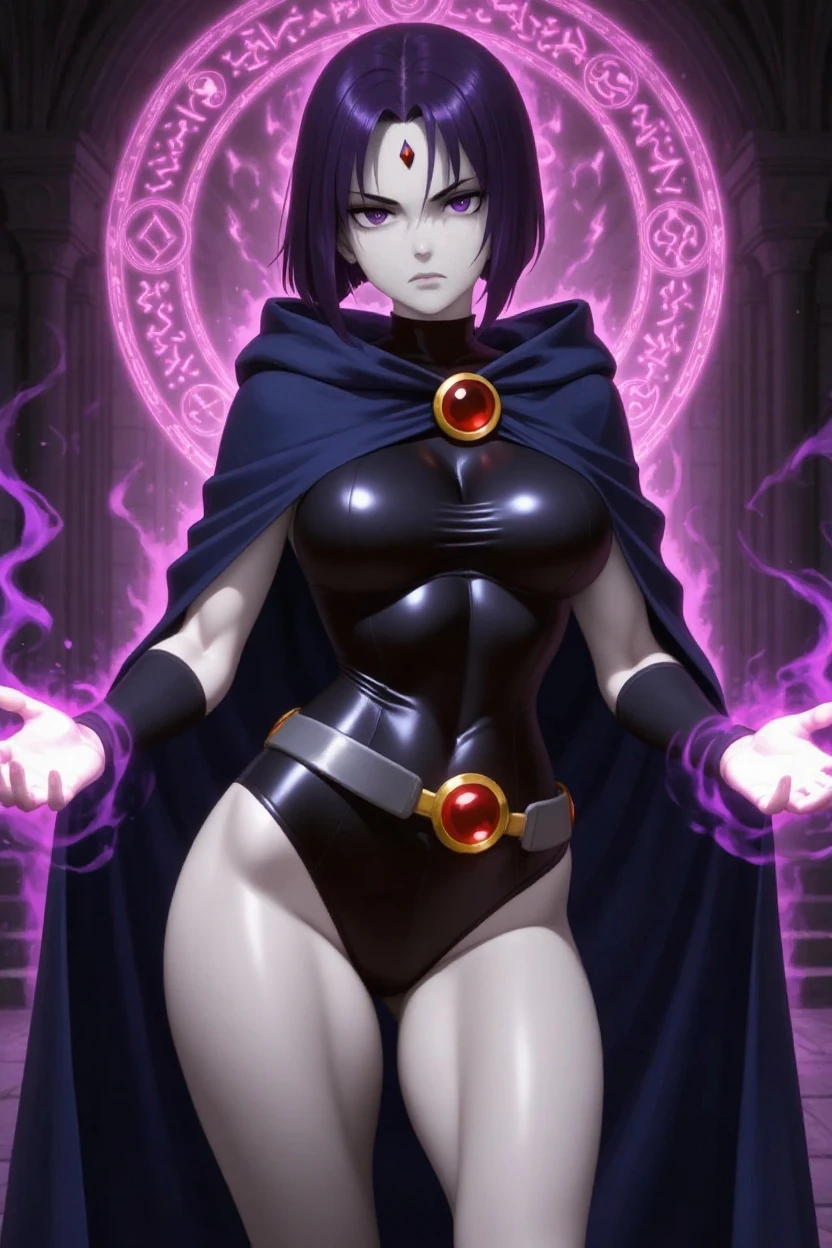 (solo:1.1),(masterpiece), (best quality:1.3),, (ultra detailed), (intricate), professional art, digital art, absurdres, shadraven, (far away view:1.1), 1girl, solo, (grey skin:1.4), dark purple hair, bob hair, dark purple eyes, hips wider than shoulders, pear shaped body, jewellery, detailed thighs, (thick thighs:1.3), red jewel in forehead, jewels, (long sleeved turtleneck leotard:1.4), (Red jewel Belt), (red jewel brooch:1.3), cuffs, small breasts, nipple bulge, (raven long dark purple hooded cape), (Shadraven brooch:1.2), Shadraven jewel belt, Shadraven wearing a long sleeved leotard with a hooded cape and fingerless glovess, (long legs:1.3), (detailed bulgeJ8 crotch bulge:1.4),(large testicle bulge:1.3), huge penis bulge, huge testicle bulge, ( frontal view),(bubble butt) , gluteal crease, universal lighting,(Detailed ass), black-lipstick, beestung lips, Black-eyeshadow, proportionately sized head,