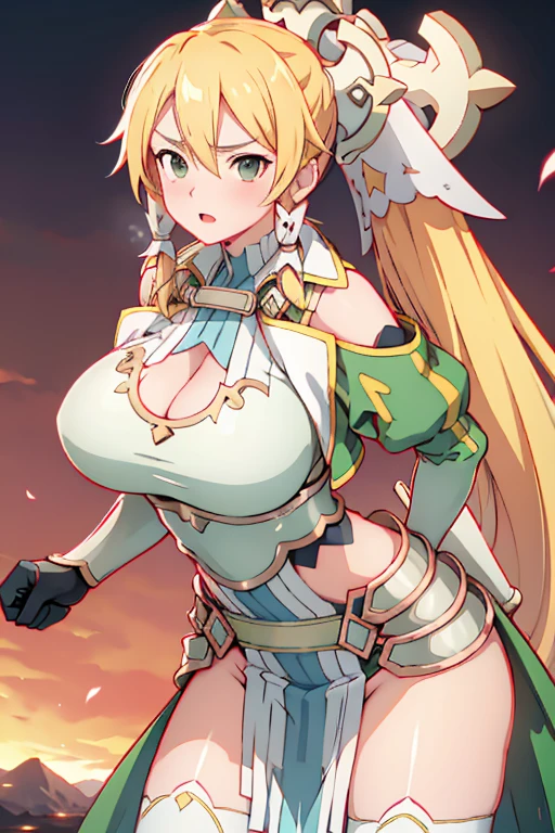 1 girl, game cg, valkyrie armor, green, angel wings, sideboob, under boob, belly button visible, thighs, loincloth, gigantic breasts, blonde, middle hair, side ponytail, green eyes, smile, magic attack , Rays of light, simple background,