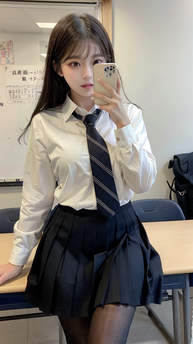 Masterpiece, top quality, ultra high definition, colorful, flat color

1 girl, sitting, black hair, watching viewer, school, classroom, pleated mini skirt, take off school uniform, black pantyhose, detailed touch, detailed cloth texture, beautiful detailed face, adult atmosphere, exposure, upper body up