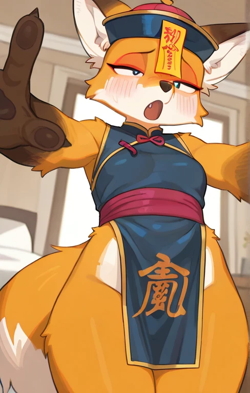 A doujinshi cover with a young male detective and a fox woman in a Chinese dress back to back, furry, kemono, with some elements of 007, battle manga,