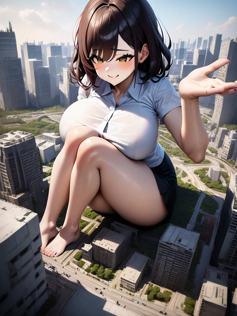 super high quality, Very detailed,Perfect photo,3D,8k,High resolution smooth anime CG art anime (highest quality、High resolution、Detailed Background)、(Very detailedな美しい顔:1.4)、cute teenage girl、Brown hair or cute hair color、Braided bob cut、Huge breasts、Realistic、Perfect body line、Thick thighs、Attractive big ass、cute、Beautiful girl taller than a building、aerial photograph、aerial photograph、Sit in the building、Destroying the city with a smile、
(A giant girl bigger than a skyscraper destroys the city of Shibuya:1.5)、cute swim suit、School swimsuit Lying down　
