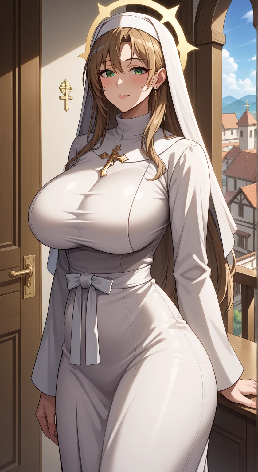 (masterpiece), best quality, expressive eyes, Shy, ashamed, charming face  perfect face, long White Hair, orange eyes, milf , pink lips , milf face, short white dress Dressed as a Nun, mother  ,cow ears , cow girl, 1girl, seductive smile, Neon Light, IncrsHeadGrabPOV,madure girl,  Landscape, Japanese hotel room 