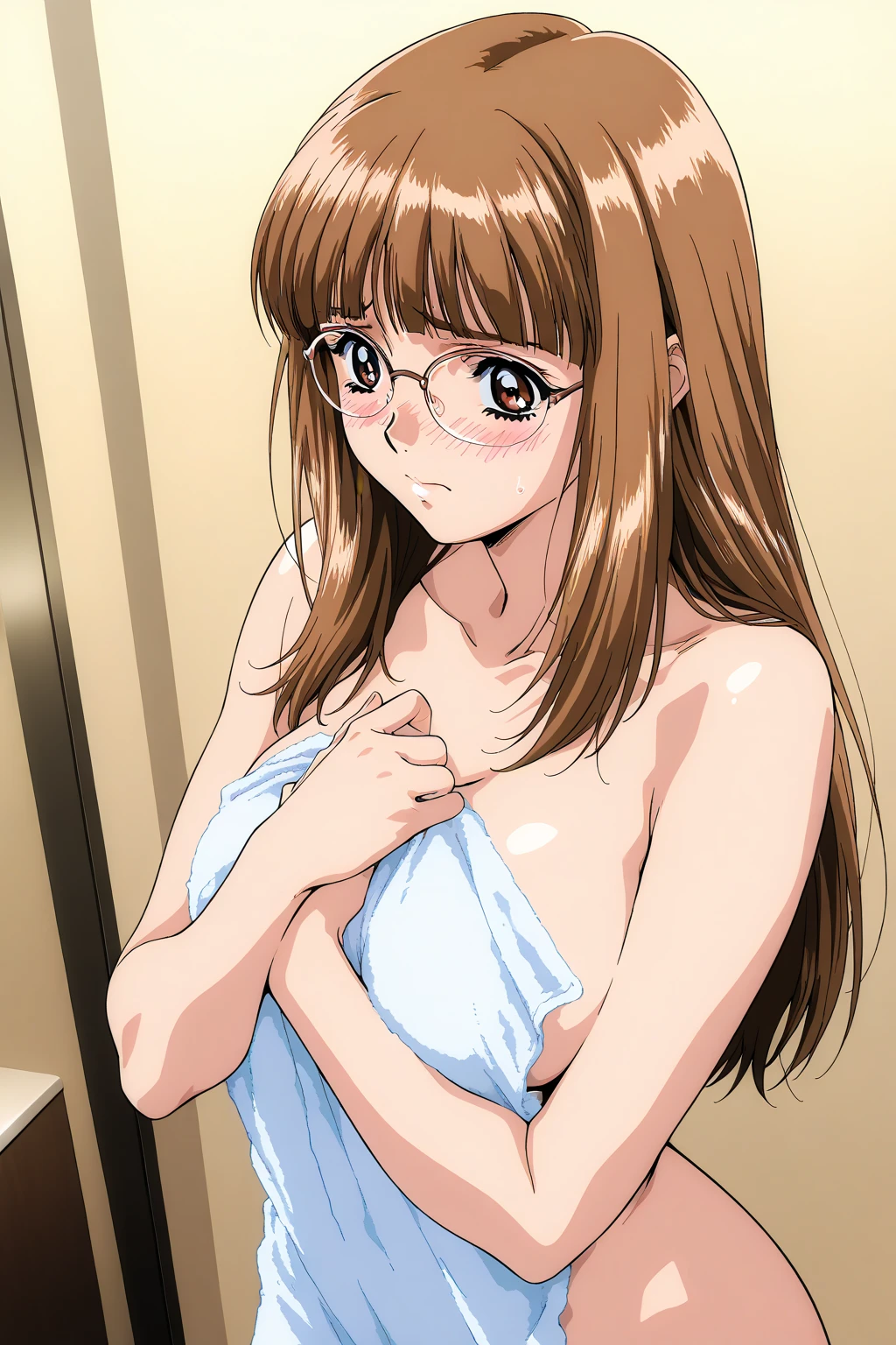 Sawako, brown hair, long hair, brown eyes, spectacles, standing, leaning forward, naked, nude, pink vagina, smiling, blushing face, ((big breasts)), ((pussy juice: 1.2)), looking from below, embarrassed expression , drooling , milf