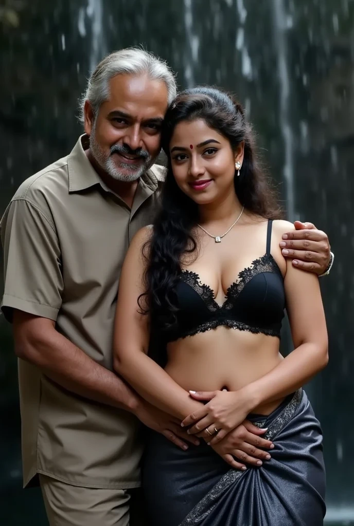 a beautiful South Indian 25 year old plus sized teacher (wearing cream colour silk saree and bra) in a office, affectionately hugging a 60 year old man, full body image