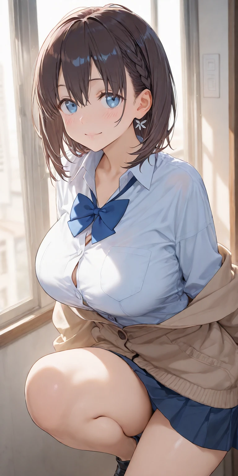 1 Female,High definition,high resolution,Ultra-realistic,8K, hmza, short hair, antenna hair, brown eyes, , blue necktie, yellow shirt,long sleeves,( black skirt),tight skirt , miniskirt,European,sexy,Upper body close-up,Photographed from the front,Dynamic Angles,blush, (big tits ), happy, wink the eye,facial, sweat ,(wide thighs:1.4),(pussy),(show pussy),(pubic hair),(cameltoe),((nipples)),(white lace panties),(detailed panties