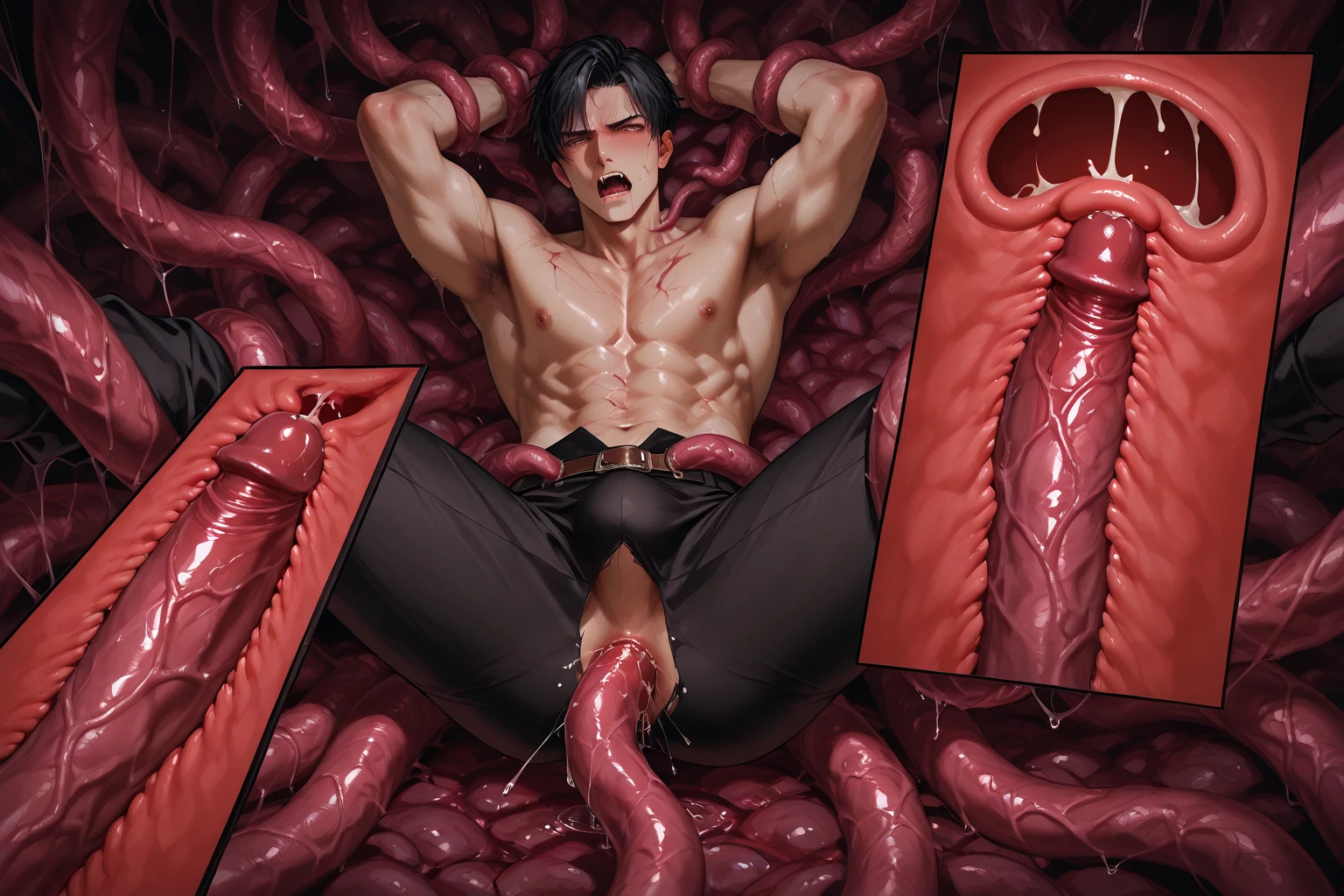 Focus male, monster swallowing, homo, gay, male to male interaction, cross section, tongue licking, orgasm face, forced blowjob, penis, muscle tentacles, four sided tentacles, penis, rape, 27 year old male, short black hair, severely torn He wears a suit, a white shirt and a black tie, semen gushes out of his anus, and a tentacle is inserted into his anus. A large amount of cloudy liquid poured down on his body, and he was restrained by countless tentacles surrounding him.