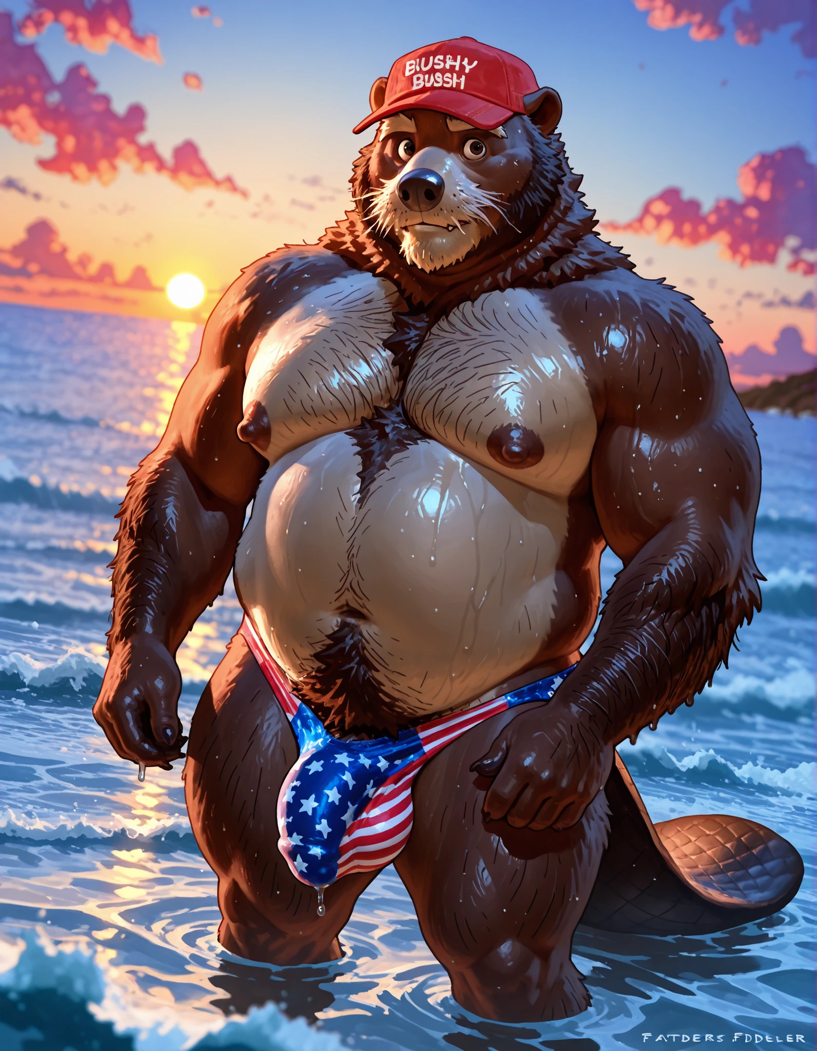 by Anhes, by Taran Fiddler, Beaver, dark brown fur, male, anthro, mature male, elderly male, bushy eyebrows, face wrinkles, jowls, body hair, hairy arms, scruffy gray facial hair, big nipples, overweight, fat, chubby, wide hips, thick thighs, big bulge, detailed penis bulge, gray pubic hair, wet fur, dripping water, standing in ocean, standing in water, waves, outside, American flag underwear, speedo, trucker hat, wide beaver tail, wet tail, shy expression, looking at viewer, dynamic angle, dynamic lighting, golden hour, depth of field, cinematic, sunset, colorful clouds, indistinct furry background characters