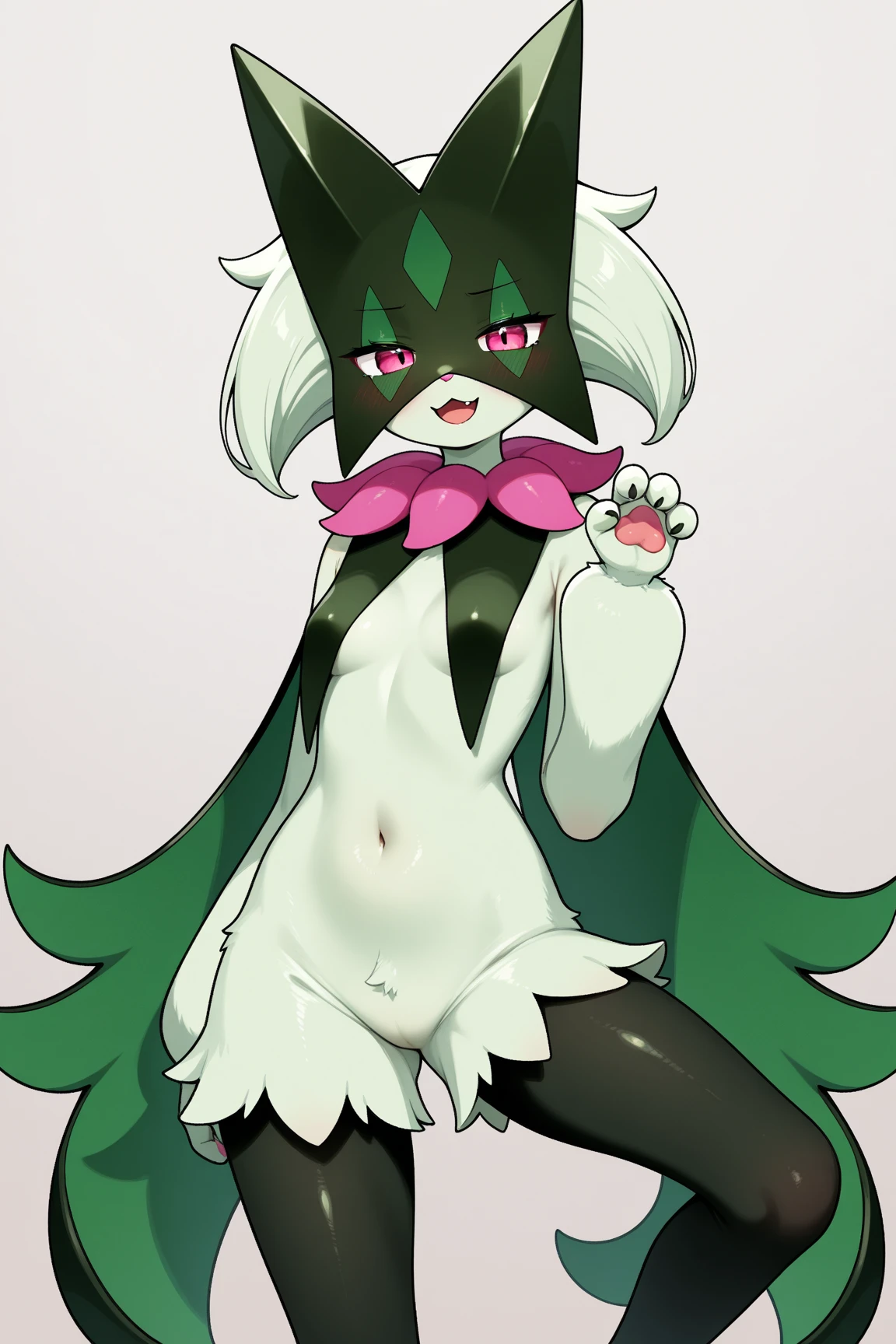 Meowscarada, solo, pokemon, masterpieces, high detail, blush, full body, joyful expression, night, eyes glowing red, big breasts, green bra covering, livingroom background, (((posing cutely))), extremely detailed anatomy, detailed background, (((detailed face))), spreading arms