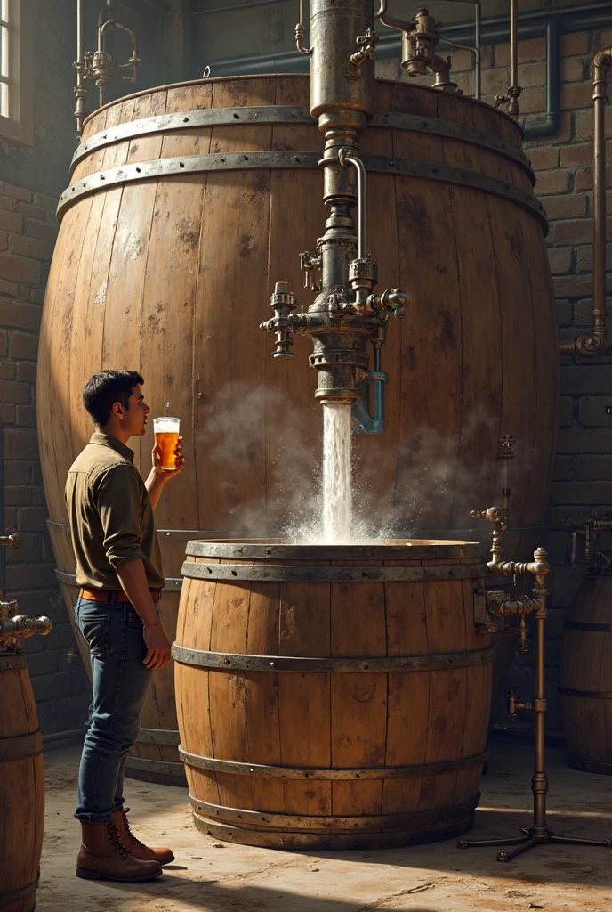 Beer barrels with hops with worker and beer pouring out
