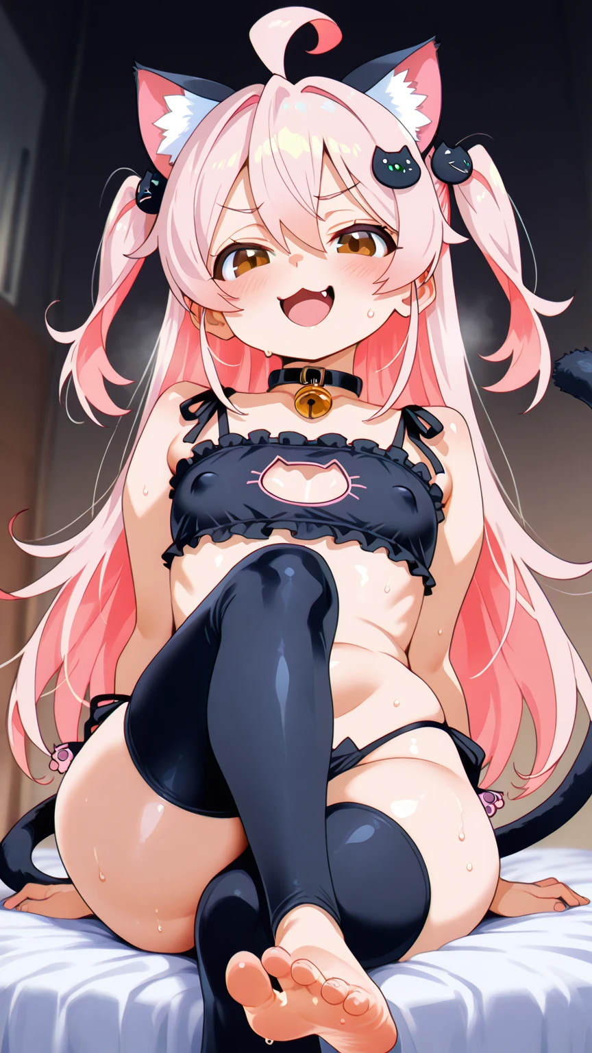 score_9, score_8_up, score_7_up, score_6_up, score_5_up, score_4_up, source_anime, BREAK
OyamaMahiro, 1girl, solo, 1girl, solo, female, text, hair, breasts, clothed, blush, open mouth, looking at viewer, black cat top, thong, smile, , erect nipples under clothes, black stockings, crouched