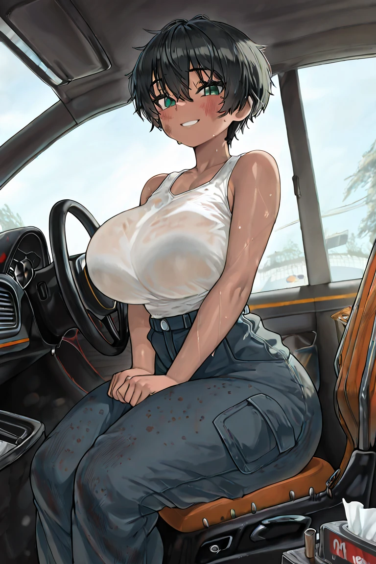 masterpiece, best quality, amazing quality, very aesthetic, absurdres,  newest,
<lora:PulenKompot-Saigalisk Style-noob:1> saigalisk, 1girl, short hair, black hair, toned, grey eyes, garage, mechanic, overalls, backwards hat, thick thighs, wide , , tank top,  clothes, car, strap slip, sweat, covered , leaning forward, curious, raised eyebrow, looking at viewer