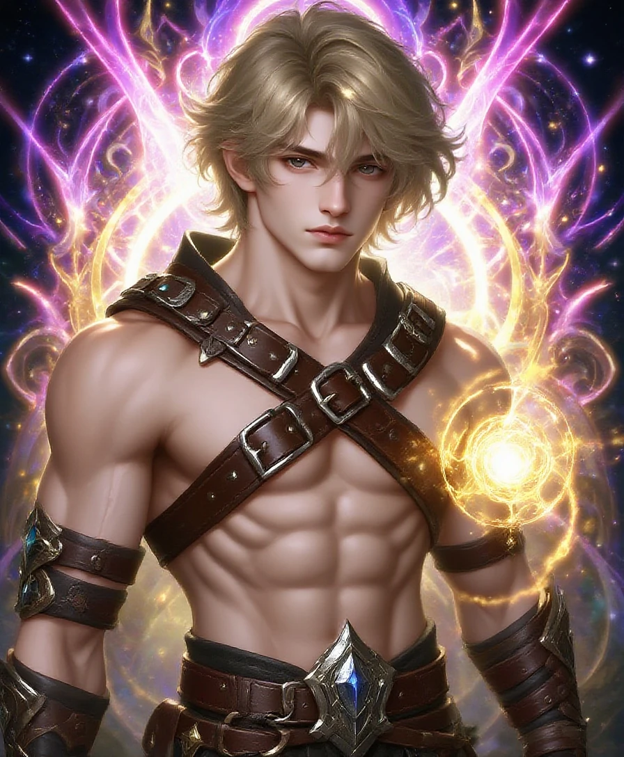 Boy standing with a legendary sword resting on his shoulder, brown haired dude with powers around him of water and lightning , an explosion of magical aura around , shirtless and with a defined body with Japanese tattoos and the word Marcelo written on his chest