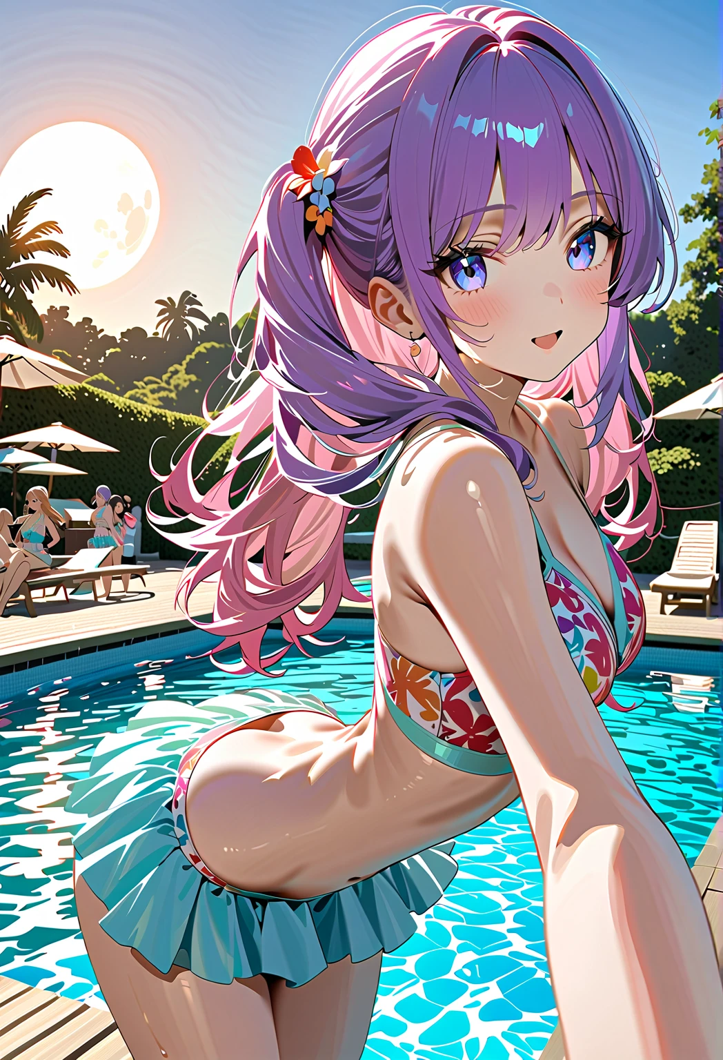 A pink haired female mermaid with violet eyes and an hourglass figure in violet shells and a pink mermaid tail is watching fireworks at night in the waves