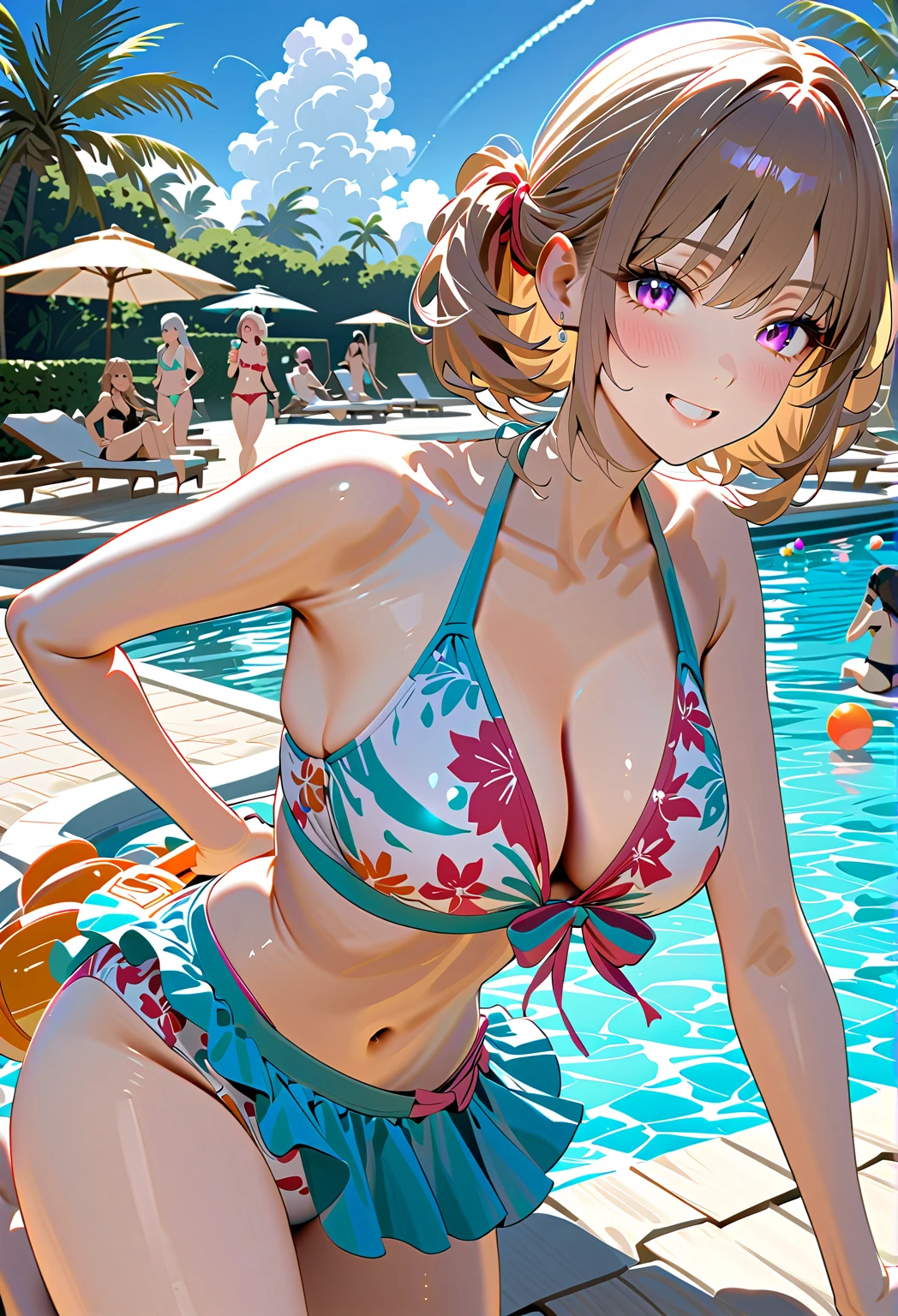 swimming pools、The bikini、Beautuful Women、unclear、A dark-haired、Real Women、huge tit、a smile