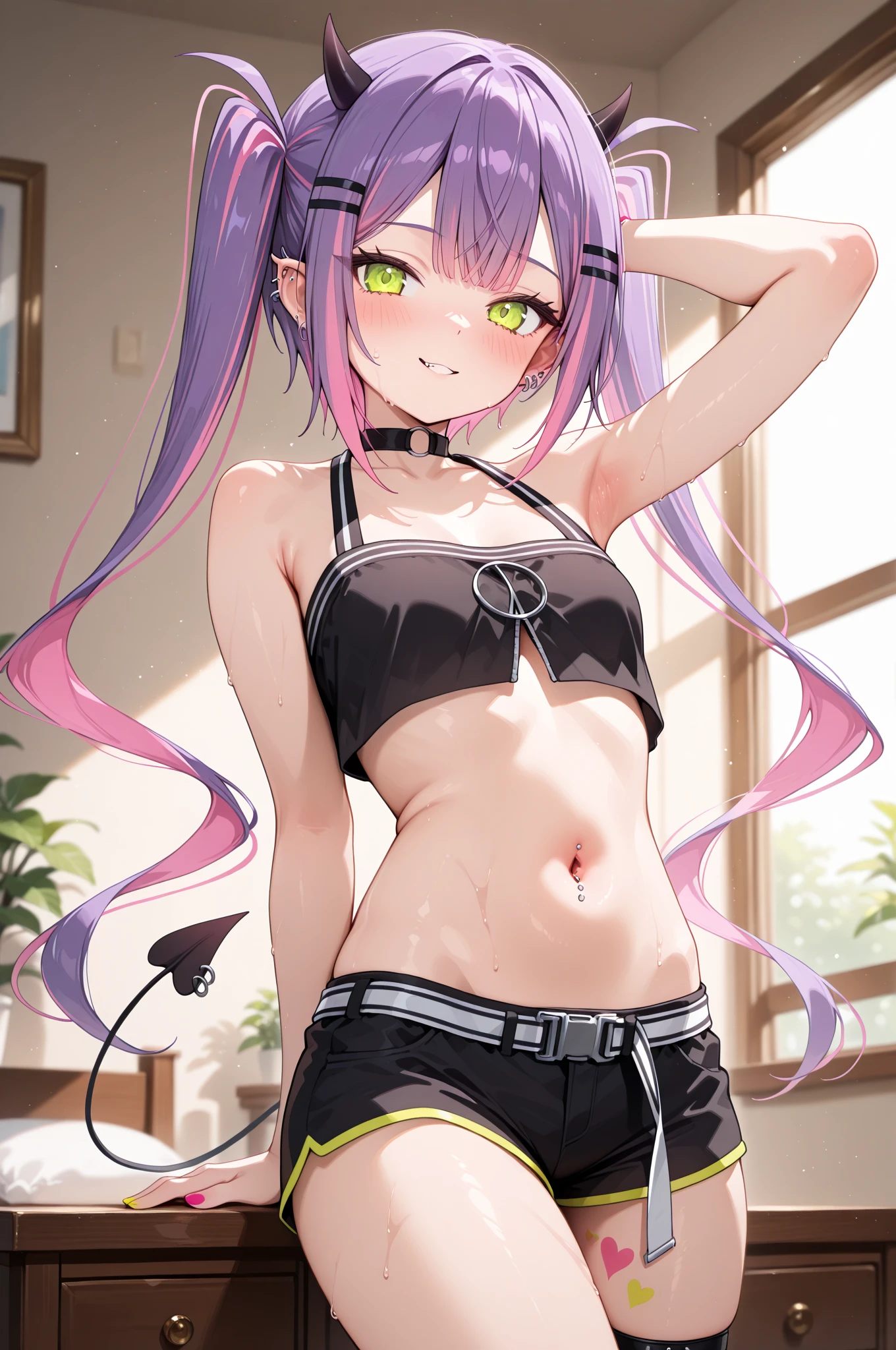 highest quality, High resolution, Towa Tokoyami, NSFW, Glowing Skin, bangs, Purple Hair, Twin tails, Sparkling eyes, Knee-high socks, Moderate abs, sharp focus, moody lighting, meadow