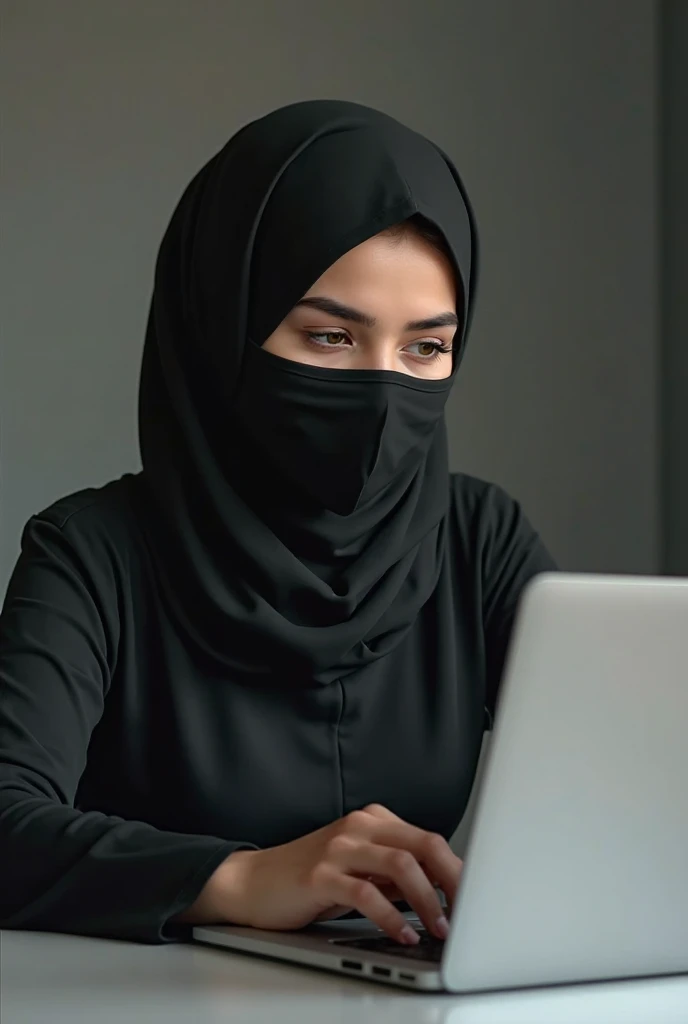 (1 girl), sitting on a chair in an office, ((wearing hijab)), wearing white long shirt, wearing fabric long pants, shot from above, wearing niqab, wearing mouth cover