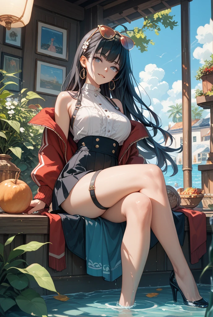 High definition、Highest quality、Skin like in the picture、Flowing hair texture、Red lips、G-cup bust、Smiling Beauty、Blue or red two-piece summer outfit、At the Gion Festival、Colorful garter belts and fishnet stockings、A woman being covered in a large amount of milky liquid、vibrator、Navel exposed、Short skirt、T-back shorts、whole body、Beautiful woman in standing pose、Thighs、Cleavage、stiletto heels、Nice body、