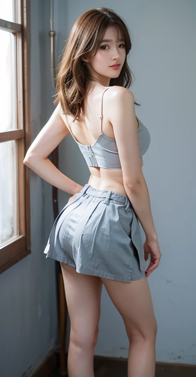 8k,highest quality、Caucasian 14 year old girl、Background Blur、Ultra HD、sunlight、Bare shoulders、bare back、Bare buttocks、Bare feet、Fair-skinned beautiful girl、disheveled bob hair、Small breasts、Small breastsの谷間、A fleeting expression、clear outline、Mature atmosphere、High definition skin、Fair and beautiful thighs、hostess、Small Ass、The hem is rolled up、、Bare feetの付根、Shooting from behind、mini skirt、Tank top、Bold Pose、well-proportioned face