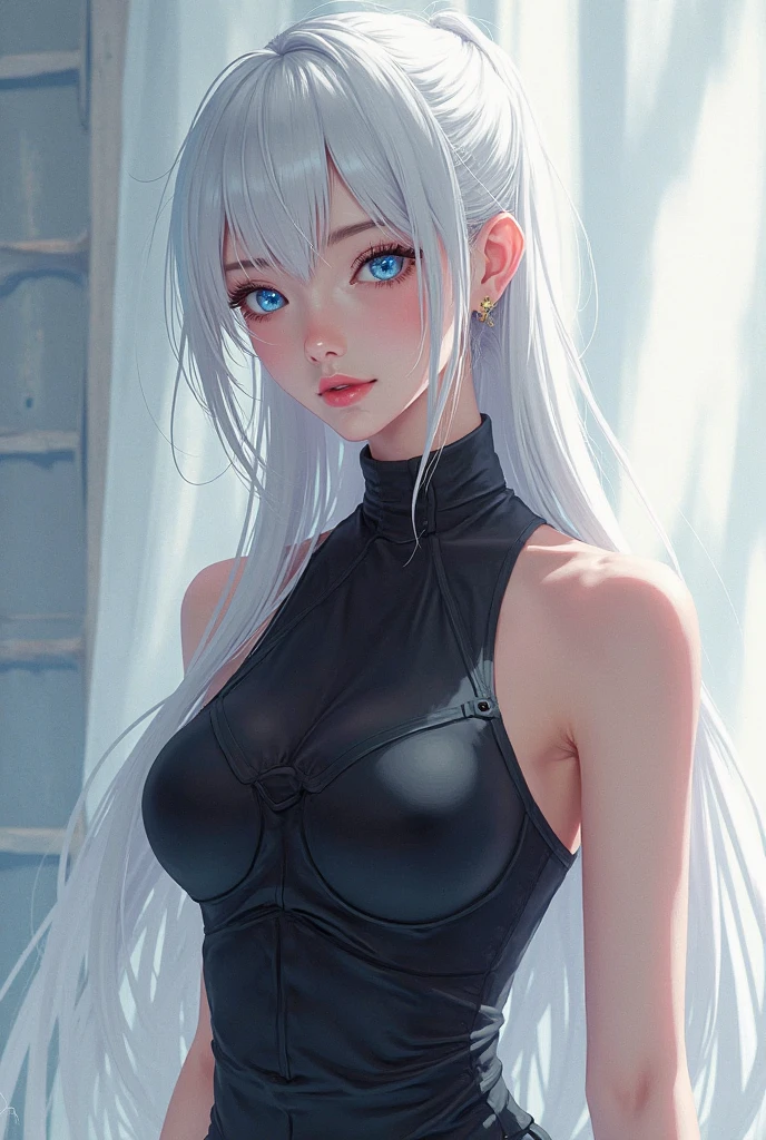 ((grey hair)), high ponytail,,heavy makeup, cute, technological sense,8k, best quality, masterpiece, illustration, an extremely delicate and beautiful, extremely detailed ,CG ,unity ,wallpaper, Amazing, finely detail, masterpiece,best quality,official art, extremely detailed CG unity 8k wallpaper,((smile)),tomboy,((Big eyes)),((perfect eyes)),highly detailed, sharp focus,rich background,loli, looking at viewer, breasts, blurry background, small breasts, bangs, bare shoulders, white dress, dress, realistic, in the cyberpunk city, strong rim light, in summer,