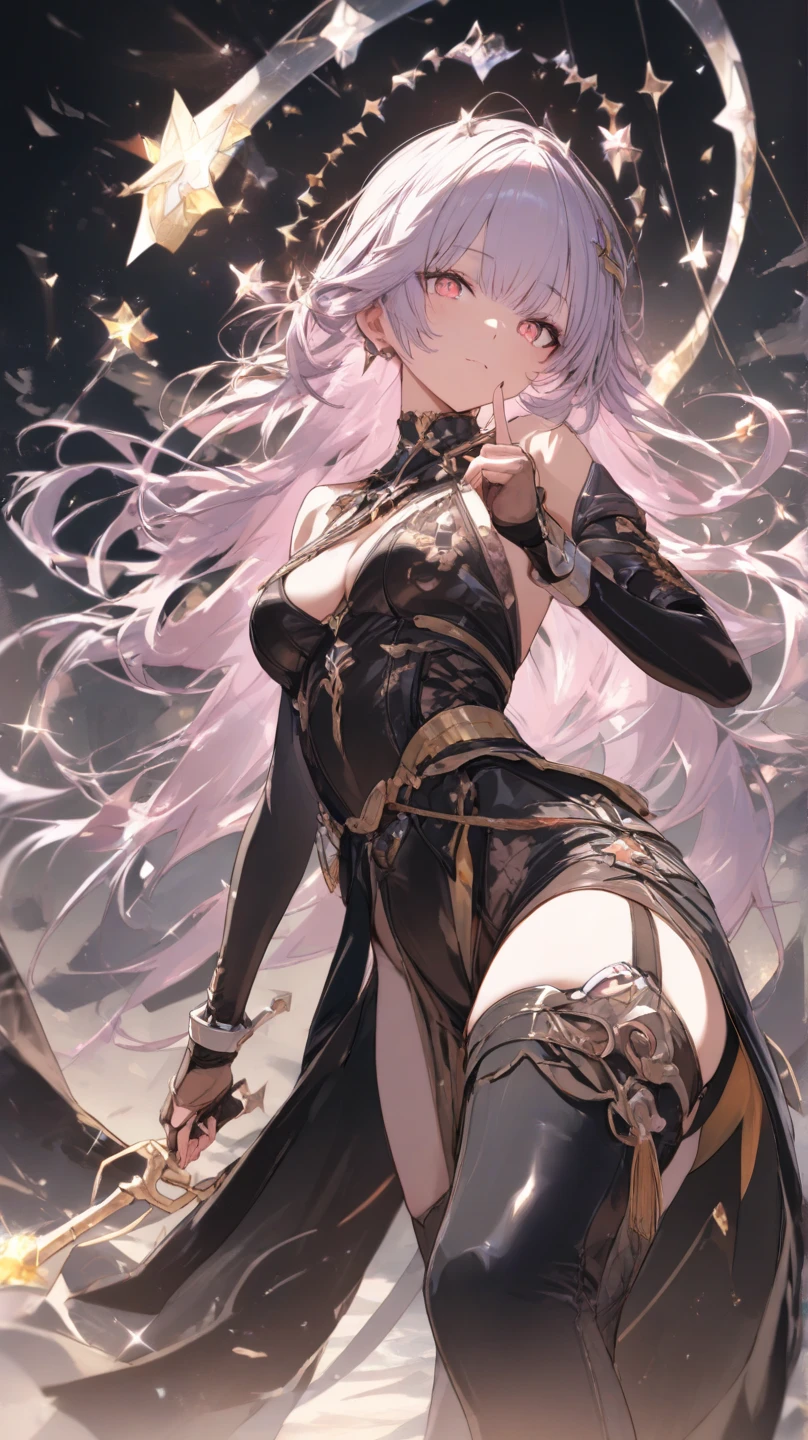 Flat lighting,elevation,sexy,A beautiful woman with supple curves,((Highest quality)), ((masterpiece)), (detailed), One girl,Silver Hair,Long Hair,Dark Skin,Wearing a black sleeveless dress,Wear black high heels,Spread your legs,Crouching pose,Starry Sky,cloud,Look away