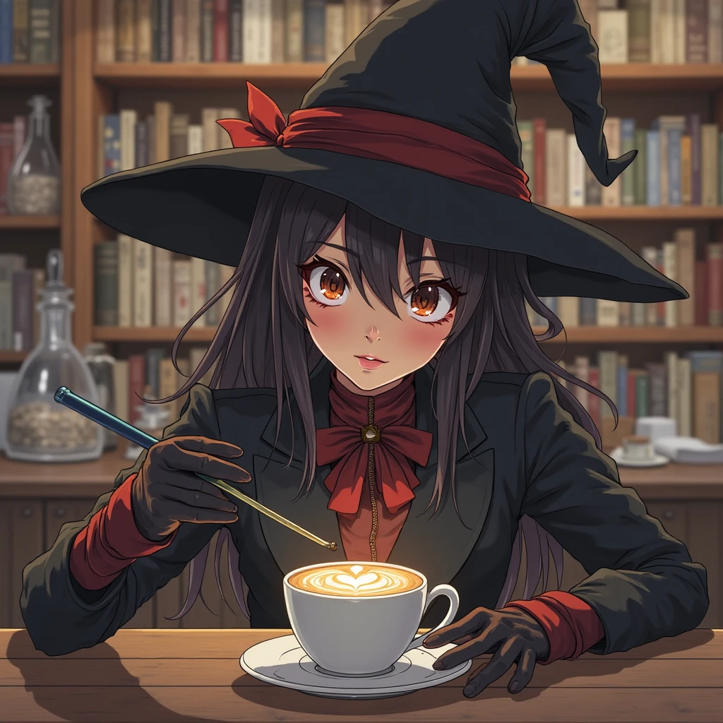 Masterpiece, high quality, highly detailed. girl, smiling, blush, witch hat, high socks, legs, book, coffee, detailed eyes, cat, aesthetic lighting, good lighting, realistic lighting, good composition, good shadows, good shadow composition