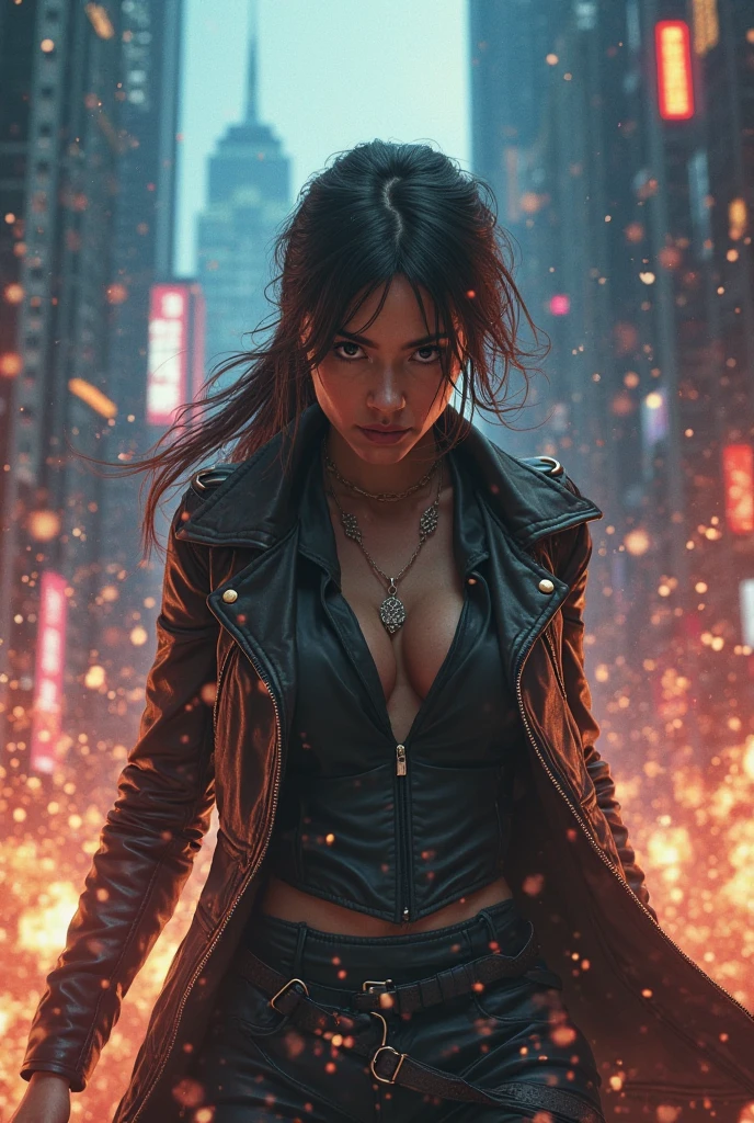 1 garota, Sozinho, female action photos, cabelo loiro em rabo de cavalo, ((wearing a tiny, revealing black and silver version of Superman&#39;s evil Man of Steel costume)), saia, no pants, saia blowing in the wind revealing visible vagina, 
 Seios pequenos, janela de peito, (explosions in the background of a city in ruins), Estilo-BladeRunner2049-8v Intrincado, alto detalhe, sharp focus, dramatic, 