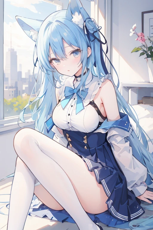 masutepiece, Best Quality,Sleeping on my back on the bed，Crab crotch，show your boots，thigh high boots，globe，Strange thieves，Elegant, 1girl in, well-muscled，Cute, blushed, Looking at Viewer, frombelow,body suit, jail，Blue eyes, Beautiful eyes, Beautiful background, light Particle, Sun rays, Dramatic Lighting, Outside, shiny, Realistic, masutepiece, Best Quality, Ultra-detailed, Detailed, Scenery, Beautiful detailed eyes, detailed hairs