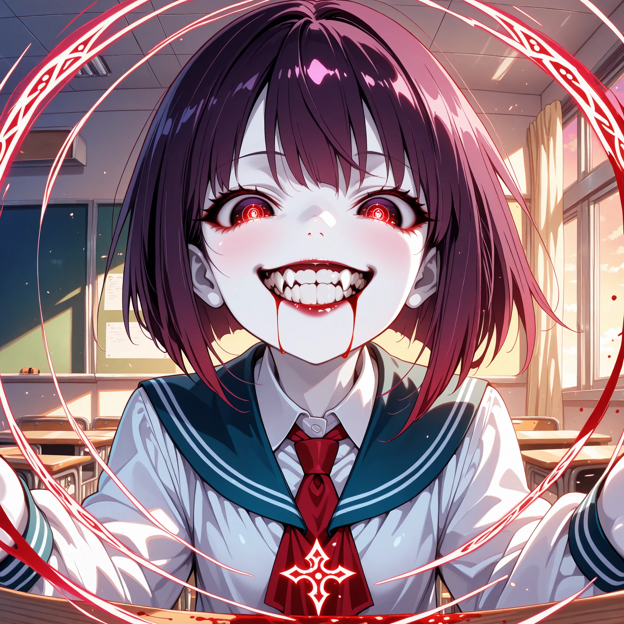 Very High resolution,cute anime-style,masterpiece,best quality,amazing quality,hyper-detailed,very aesthetic,(extreme closeup shot:1.3),Indoors,A school classroom,Dusk,A female vampire extends both her arms towards us,(white skin:1.3),Dark purple hair,Bob cut,Asymmetrical hair,Red pupils,Glowing eyes,(Wide-open eyes:1.2),bold black sclera,Spinning spiral pupils,Strong gaze,(glowing runes in iris), fantasy aura,(Vampire fangs protruding from between her lips:1.2),(grinning:1.2),(Screeching her teeth:1.3),Dark red lipstick,evil smile,Stain of blood from the mouth,High school uniform,Blouse,Red tie,Looking down