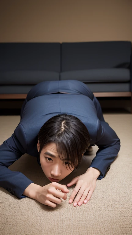 Real photo style、Realistic、Cute handsome man、Idol face、、Japanese、Slim body、Mash Hair、Completely naked、Full nudity、In an office full of people、On all fours、Cleaning the floor with a cloth、Back view、Butt Exposed
