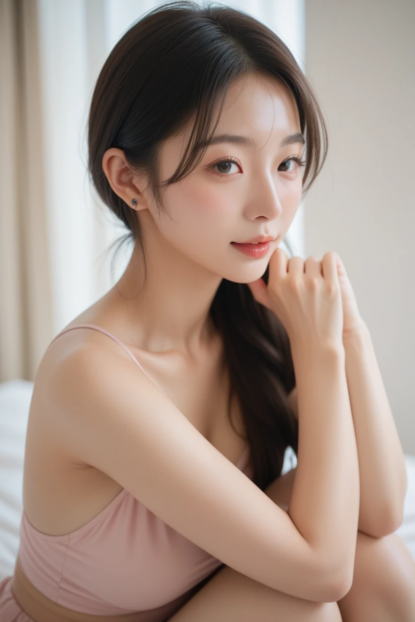 (((best quality))),(((ultra detailed))),(((masterpiece))),illustration,((1 beautiful girl, college student,solo)),((slim,thin,small breasts,flat chest)),(short ponytail:1.2),(strapless bra:1.2), studying, books, dormitory, summer afternoon, sky, gloomy shadow, bed, wooden desk, bookshelf, soft warm light, lamp, gentle glow, almond-shaped eyes, textbooks, daydreaming, beach, cities, vacation, smile, pen, highlighting, notebook, dates,cushion, portable fan, soothing breeze, summer heat, herbal tea, thirst, potted plants, greenery, vibrant leaves, cozy atmosphere, determined expression, excel exams, summer break, intelligence, determination, achieve goals,((from front,close-up of face))