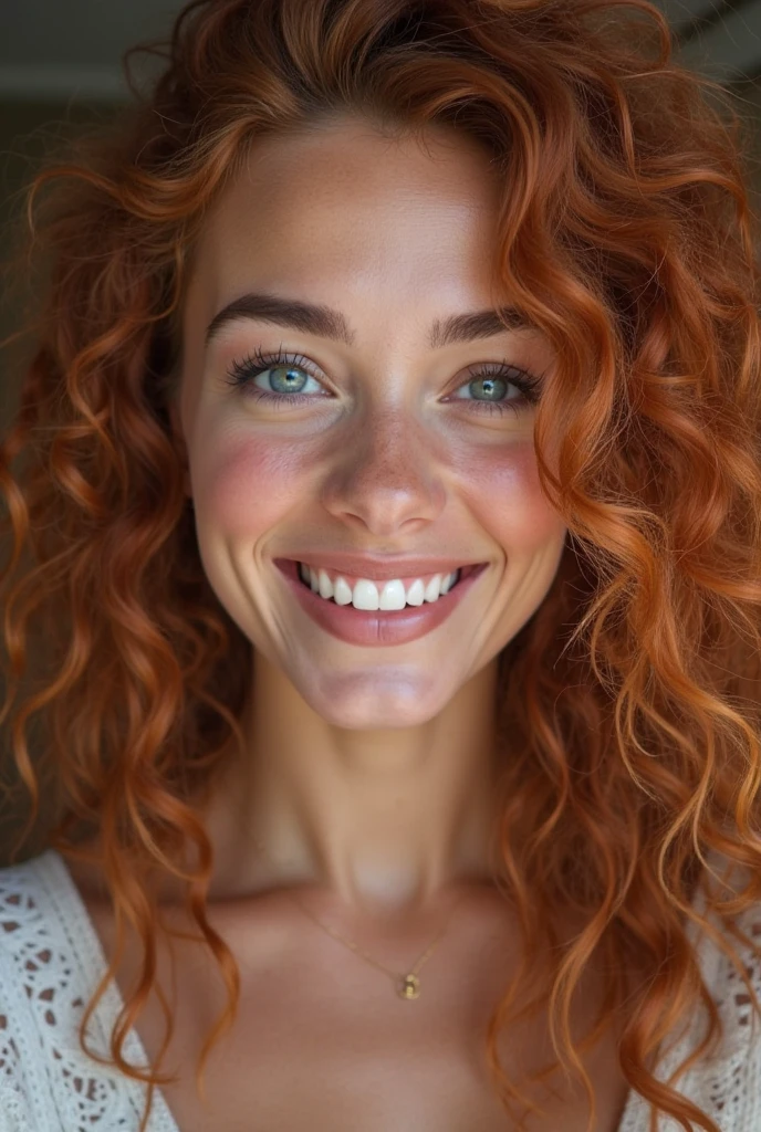 beautiful lady, (freckles), big smile, ruby eyes, long curly hair, dark makeup, hyperdetailed photography, soft light, head and shoulders portrait, cover