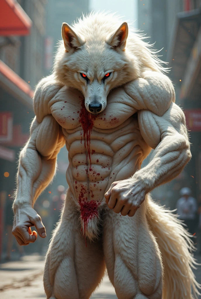 White rabbit muscular strong angry guy wearing red shorts eating alligator meat 