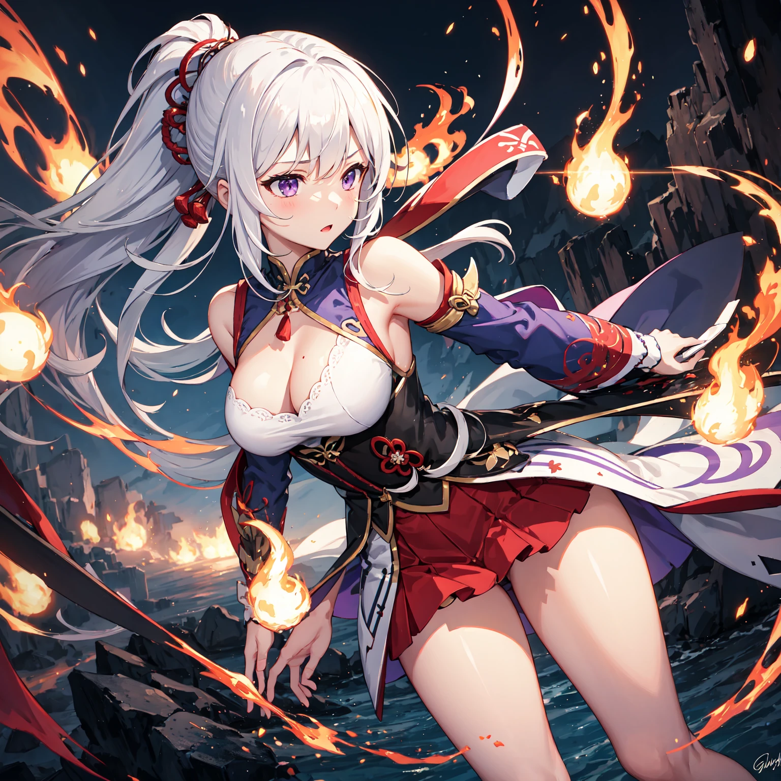 1 female big breasts ginger silk does not wear panties, does not wear panties, does not wear bra, expressionless face ((long hair)), dynamic, kung fu style, white hair, white skin, Hanfu, denim photos, sticking out tongue, long tongue, heart-shaped eyes, braids, correct limbs