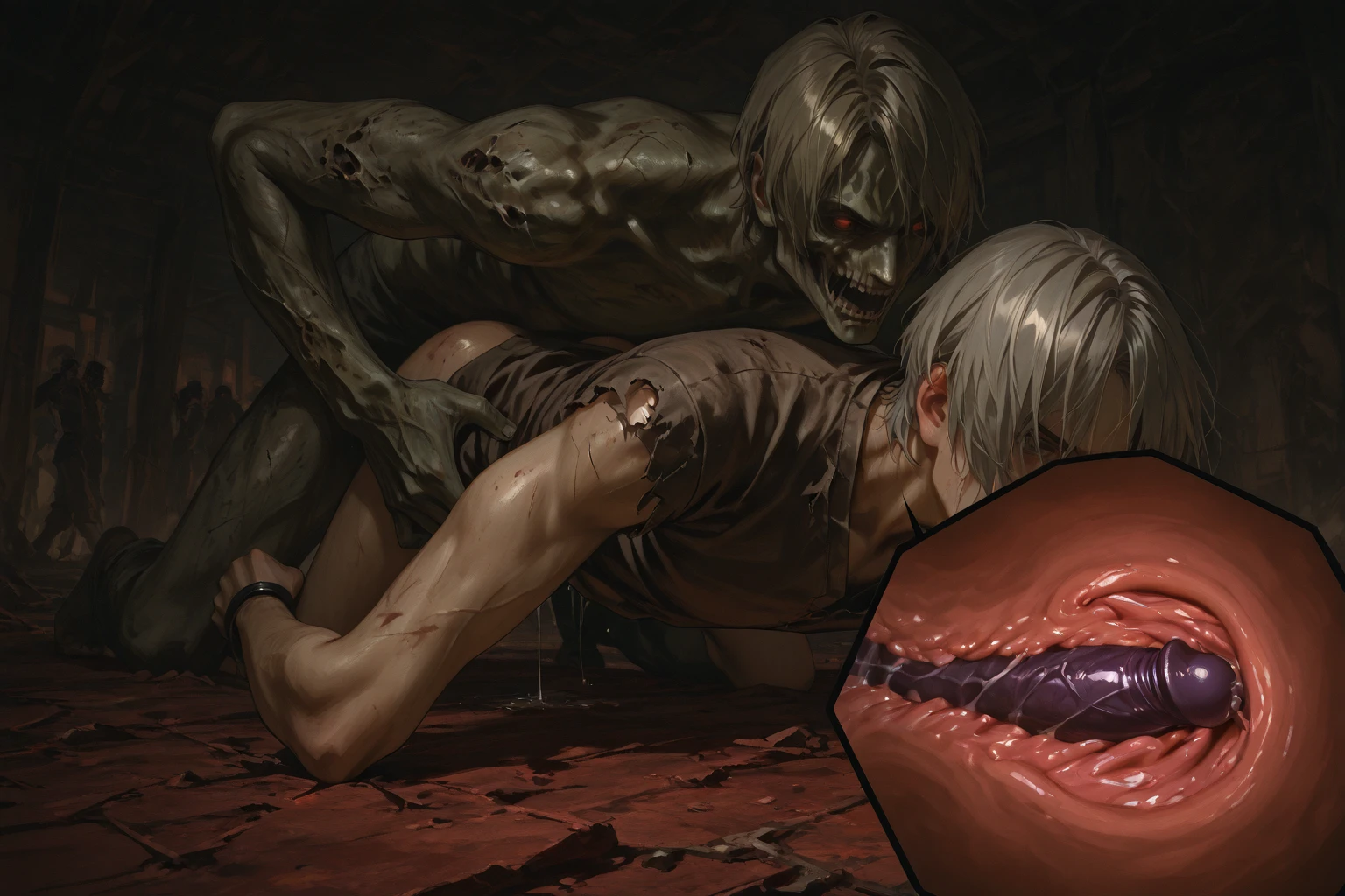 8k,high resolution,Hünkel,bandage,Silver Hair,Hulk-like body,(((18-year-old boy,Huge penis))),((Being pinned down by black tentacles)),Open your arms wide and clench your fists,Open your mouth wide,Wide, unfocused eyes,Many protruding veins,((Black tentacles attack from behind,The black liquid hits my solar plexus with force.:1.5)),Full body images,Painful expression,Grey undershirt,Huge erect penis,A lot of sweat, tears, drool and semen,In the middle of the Colosseum,Gives off an evil aura,Stand up and hold your chest out,Toned Muscles,rape,The demon takes over your body