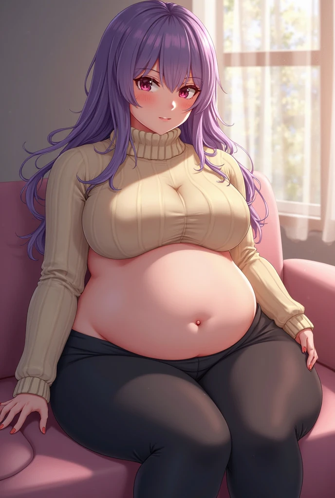 Full body girl, pregnant, cum on thighs, huge belly, cum on belly, huge breasts, cum on breasts, lactation, lactation through clothes, yellow eyes, glasses, shy, exhausted, earrings, hair ribbon, long hair, side ponytail, pink hair, tsundere, embarrassed, pout, visible belly, hands on belly, no bra, lolita dress, very thight clothes, barefoot, sitting on a sofa, best quality