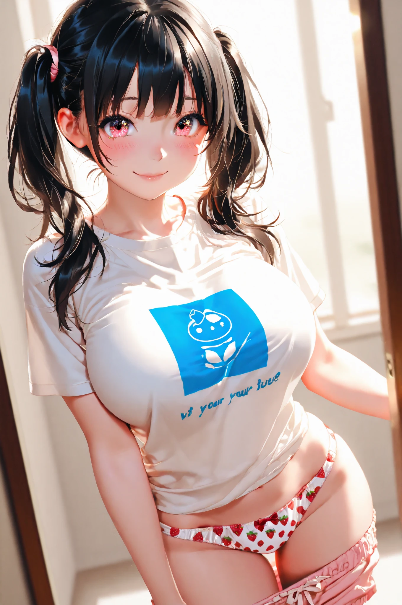 perfect anatomy,pov,masterpiece,anime,Awards,high quality,High resolution,HD,4K,8K,professional lighting,look at viewer,A provocative smile,In heat,(large breasts:1.4),underbust,(petite),Thigh focus,(closeup crotch:1.3),shorts,groin,(bevelling breasts:1.4),(Chewy breasts:1.2),(perspective:1.3),snu snu,T-shirt,Imminent Penetration