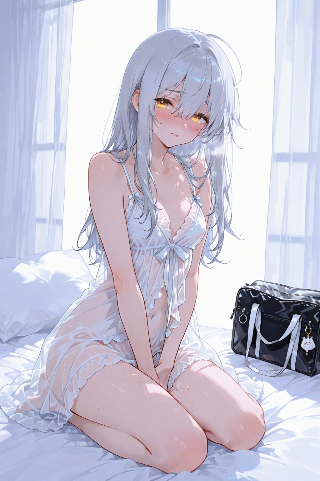 Anime girl, transparent night gown, bedroom, white silver hair, blushing face,