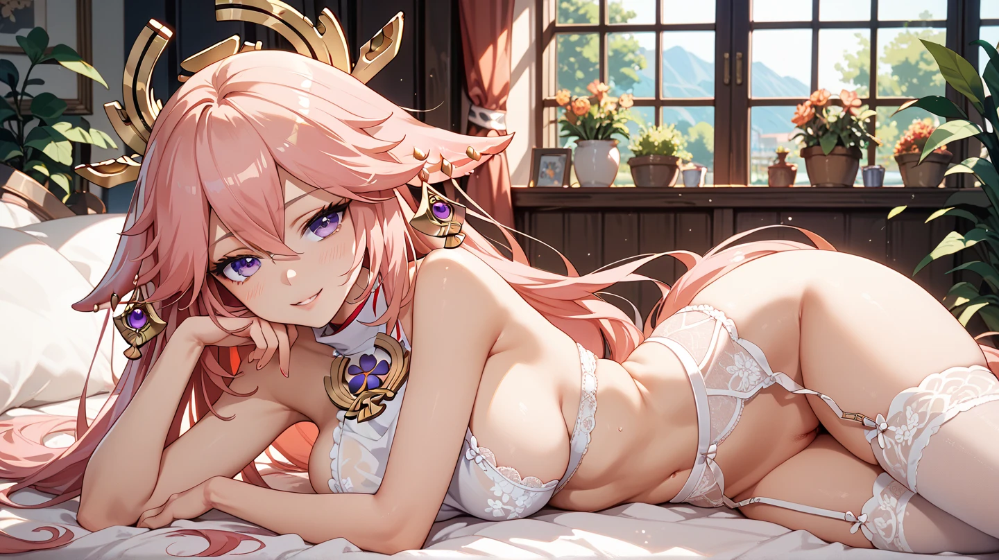 One girl、A little sexy、Blonde、Red sparkling eyes、detailed cute eyes,(glowing eyes:1.4),open mouth,((Droopy eyeole at the mouth　Medium Curl Hair、Dog ears、Lying down、Golden Room、pearls choker,sensual pose,
